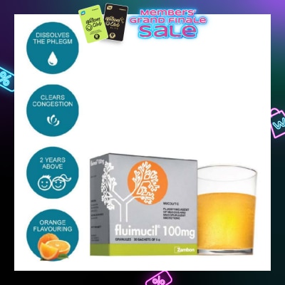 FLUIMUCIL Granules Sachet 100mg Orange Flavour (Dissolves phlegm for 2 yrs to 6 yrs old) 30s