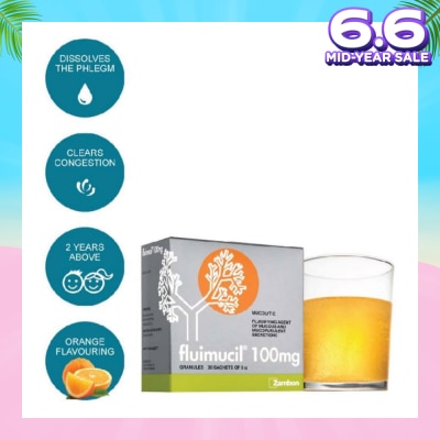 FLUIMUCIL Granules Sachet 100mg Orange Flavour (Dissolves phlegm for 2 yrs to 6 yrs old) 30s
