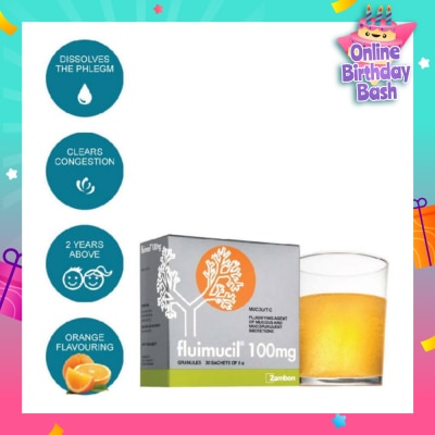 FLUIMUCIL Granules Sachet 100mg Orange Flavour (Dissolves phlegm for 2 yrs to 6 yrs old) 30s