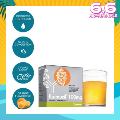 FLUIMUCIL Granules Sachet 100mg Orange Flavour (Dissolves phlegm for 2 yrs to 6 yrs old) 30s