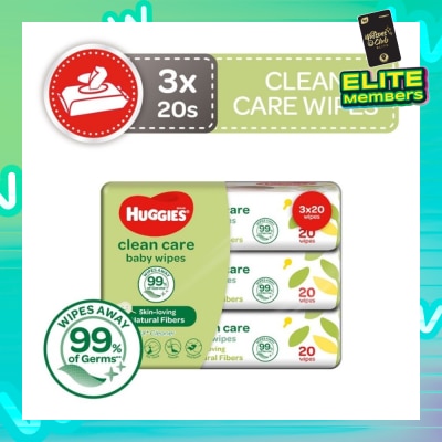 HUGGIES Clean Care Baby Wipes 3 Packs x 20 Wipes