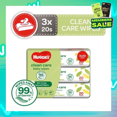 HUGGIES Clean Care Baby Wipes 3 Packs x 20 Wipes