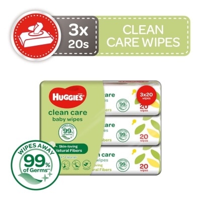 HUGGIES Clean Care Baby Wipes 3 Packs x 20 Wipes