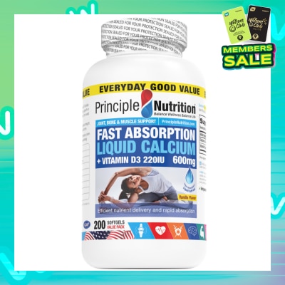 PRINCIPLE NUTRITION Fast Absorption Liquid Calcium + Vitamin D3 220IU 600mg Softgel (To Efficient Nutrient Delivery & Rapid Absorption) 200s