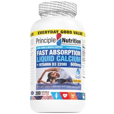 PRINCIPLE NUTRITION Fast Absorption Liquid Calcium + Vitamin D3 220IU 600mg Softgel (To Efficient Nutrient Delivery & Rapid Absorption) 200s