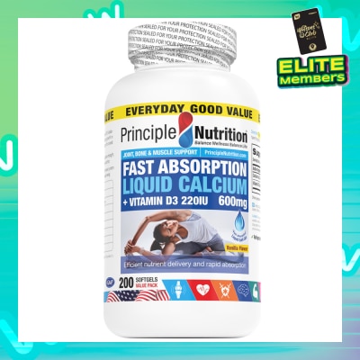 PRINCIPLE NUTRITION Fast Absorption Liquid Calcium + Vitamin D3 220IU 600mg Softgel (To Efficient Nutrient Delivery & Rapid Absorption) 200s