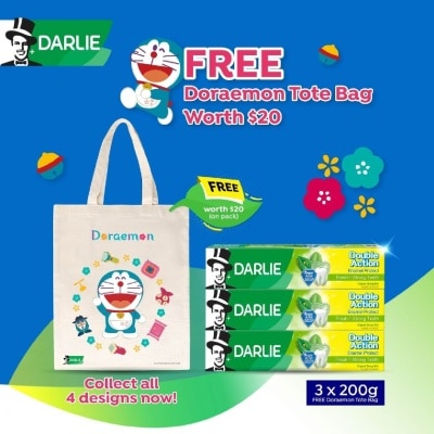 DARLIE Double Action Enamel Protect Toothpaste 200g x 3s + Doraemon Totebag (Design Is Given Random) 1s