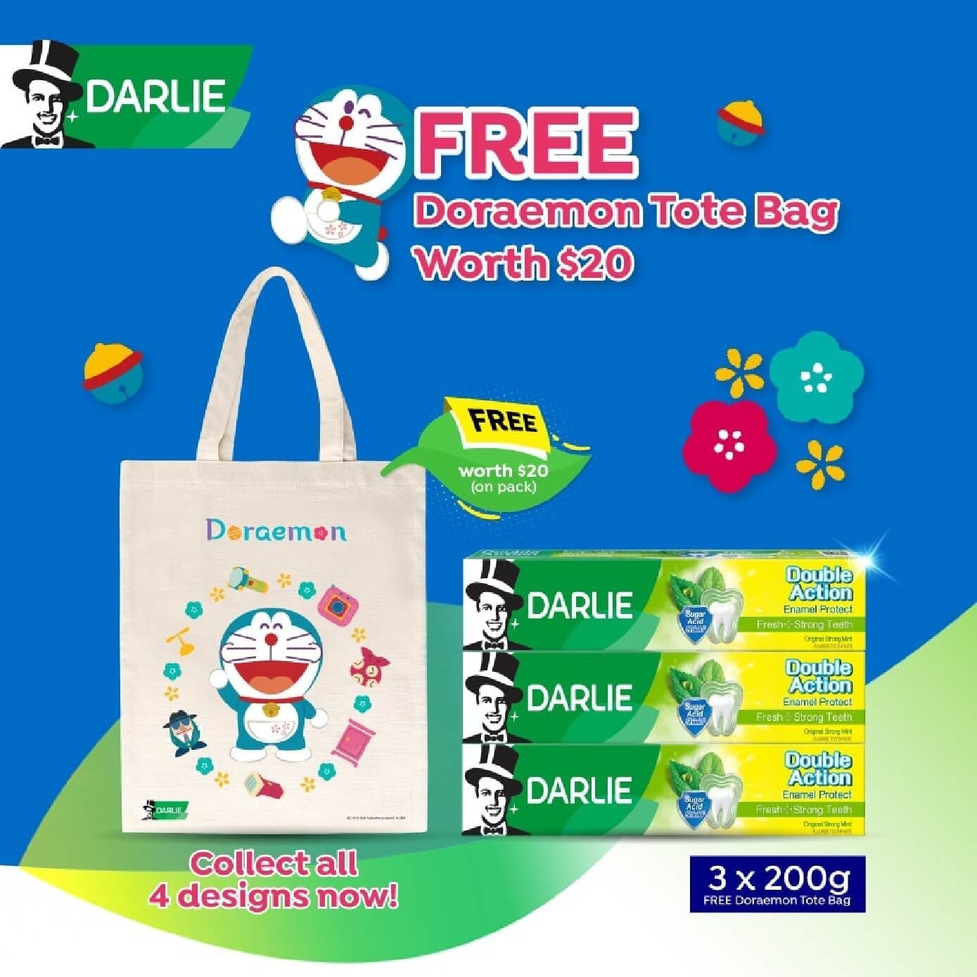 Double Action Enamel Protect Toothpaste 200g x 3s + Doraemon Totebag (Design Is Given Random) 1s