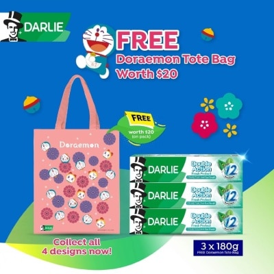 DARLIE Double Action Fresh Protect Toothpaste 180g x 3s + Doraemon Totebag (Design Is Given Random) 1s