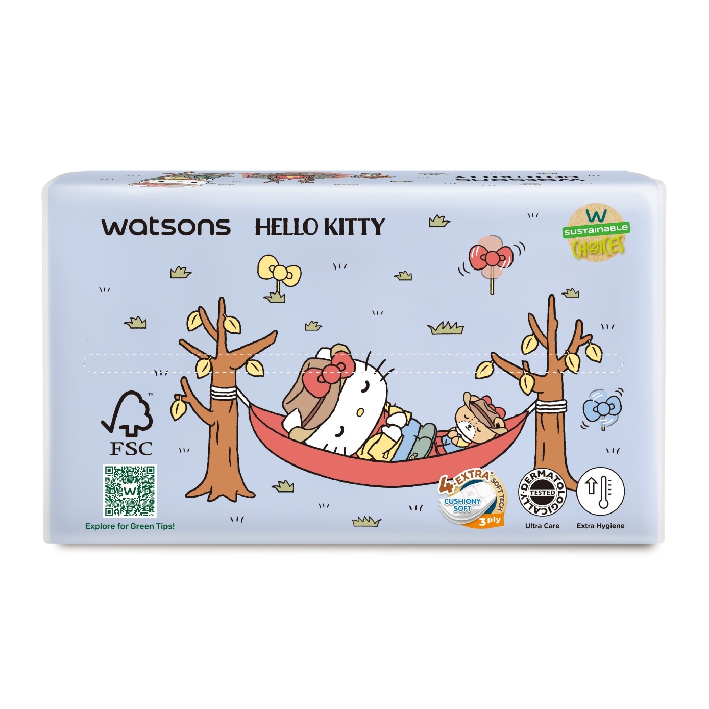 Hello Kitty 3ply Velvety Soft Travel Tissues (Ultra Soft + Strong & Absorbent + Dermatologically Tested) 130s x 4 Packs