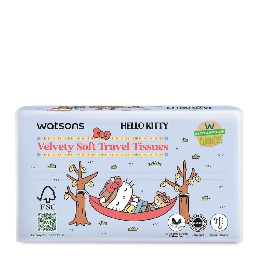 Hello Kitty 3ply Velvety Soft Travel Tissues (Ultra Soft + Strong & Absorbent + Dermatologically Tested) 130s x 4 Packs