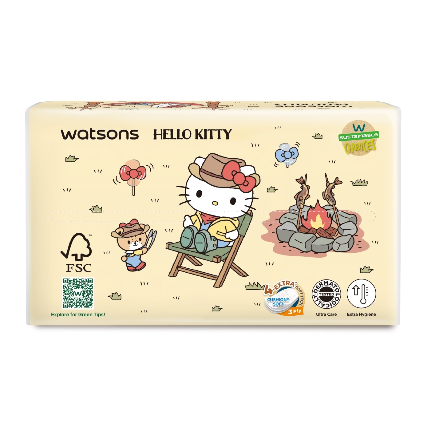 Hello Kitty 3ply Velvety Soft Travel Tissues (Ultra Soft + Strong & Absorbent + Dermatologically Tested) 130s x 4 Packs