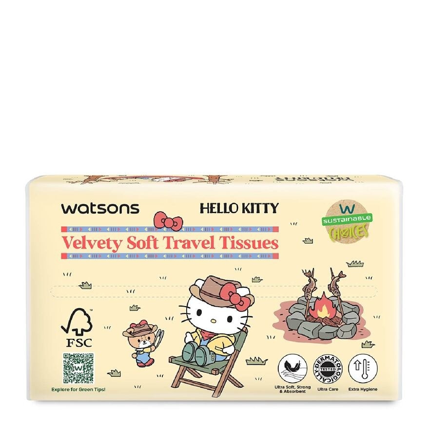 Hello Kitty 3ply Velvety Soft Travel Tissues (Ultra Soft + Strong & Absorbent + Dermatologically Tested) 130s x 4 Packs