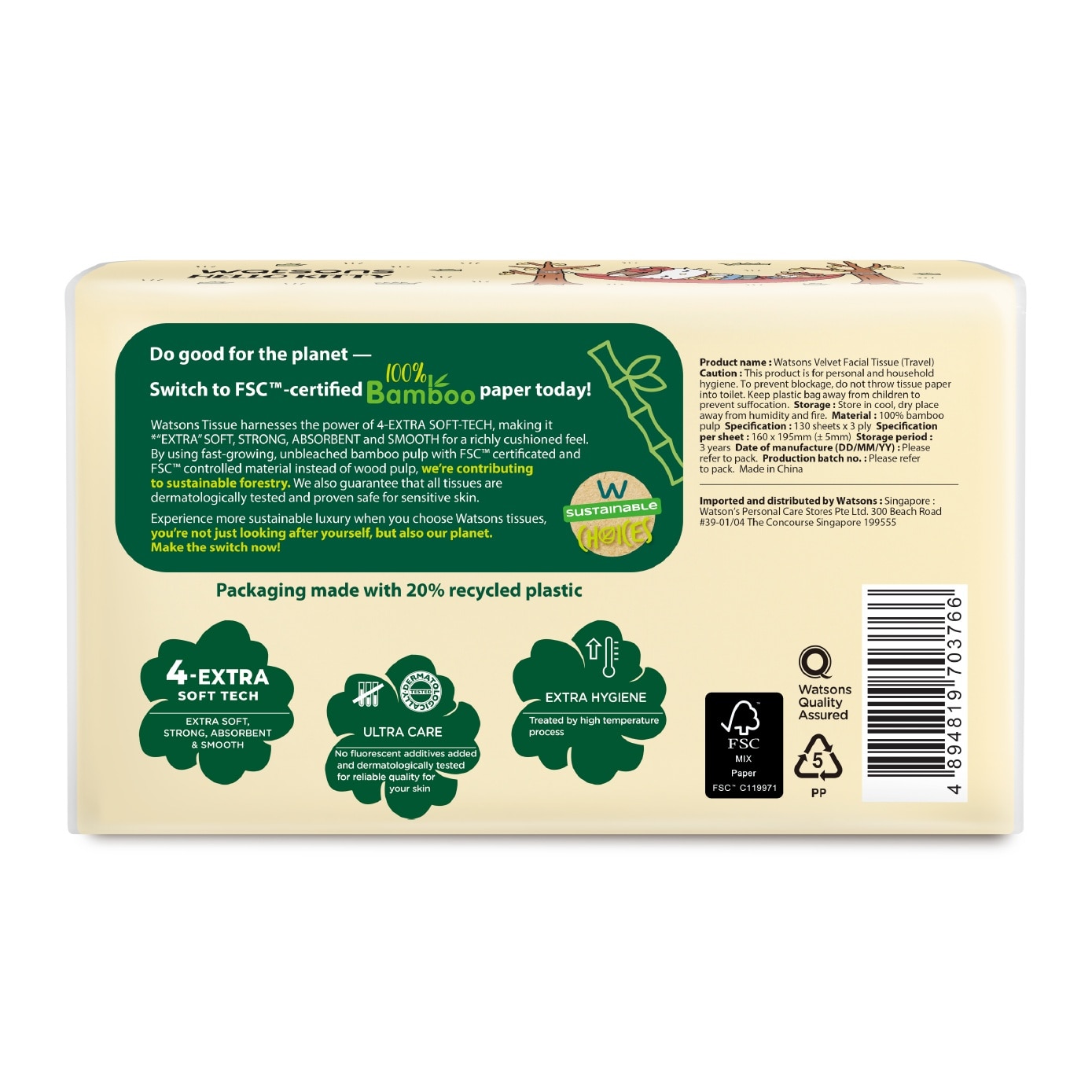 Hello Kitty 3ply Velvety Soft Travel Tissues (Ultra Soft + Strong & Absorbent + Dermatologically Tested) 130s x 4 Packs