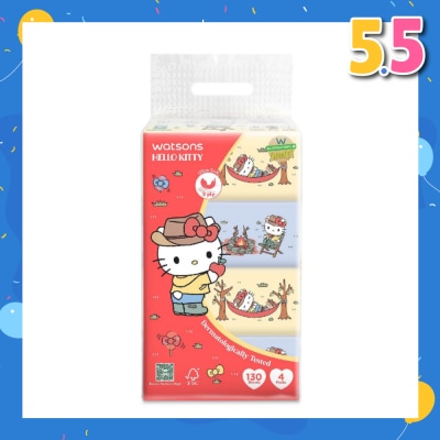 WATSONS Hello Kitty 3ply Velvety Soft Travel Tissues (Ultra Soft + Strong & Absorbent + Dermatologically Tested) 130s x 4 Packs