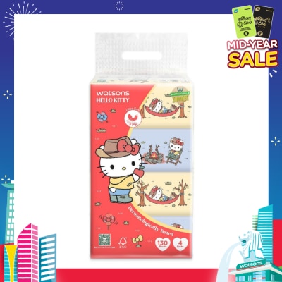 WATSONS Hello Kitty 3ply Velvety Soft Travel Tissues (Ultra Soft + Strong & Absorbent + Dermatologically Tested) 130s x 4 Packs