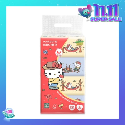WATSONS Hello Kitty 3ply Velvety Soft Travel Tissues (Ultra Soft + Strong & Absorbent + Dermatologically Tested) 130s x 4 Packs