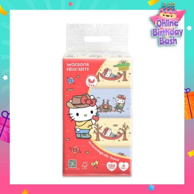 WATSONS Hello Kitty 3ply Velvety Soft Travel Tissues (Ultra Soft + Strong & Absorbent + Dermatologically Tested) 130s x 4 Packs
