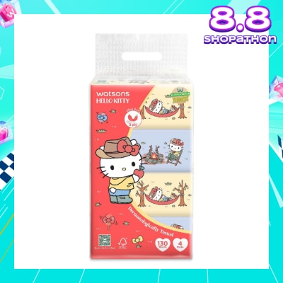 WATSONS Hello Kitty 3ply Velvety Soft Travel Tissues (Ultra Soft + Strong & Absorbent + Dermatologically Tested) 130s x 4 Packs