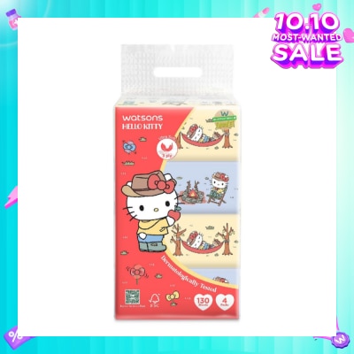 WATSONS Hello Kitty 3ply Velvety Soft Travel Tissues (Ultra Soft + Strong & Absorbent + Dermatologically Tested) 130s x 4 Packs