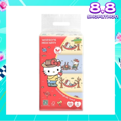 WATSONS Hello Kitty 3ply Velvety Soft Travel Tissues (Ultra Soft + Strong & Absorbent + Dermatologically Tested) 130s x 4 Packs