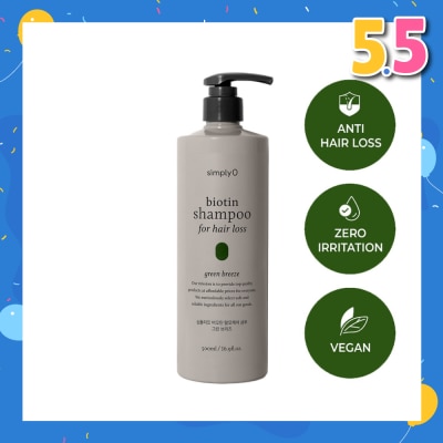 SIMPLY'O Biotin Shampoo For Hair Loss Green Breeze (Vegan & Zero Irritation) 500ml