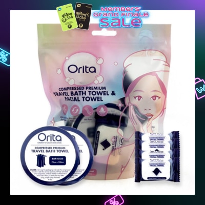 ORITA Compressed Premium Travel Bath Towel & Facial Towel (Facial Towel 24cm x 30cm 4s & Bath Towel 70cm x 100cm 2s) 1s