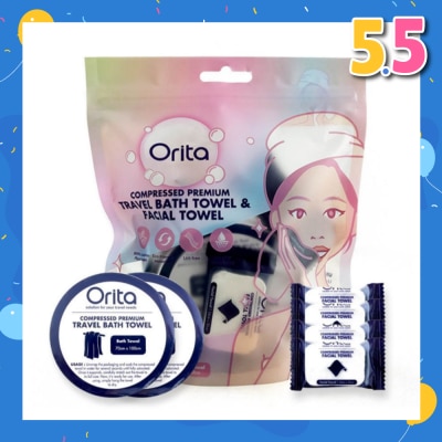 ORITA Compressed Premium Travel Bath Towel & Facial Towel (Facial Towel 24cm x 30cm 4s & Bath Towel 70cm x 100cm 2s) 1s