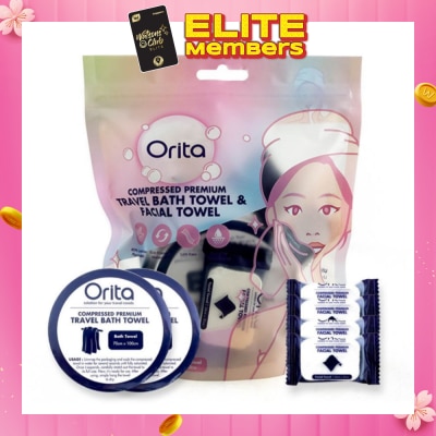 ORITA Compressed Premium Travel Bath Towel & Facial Towel (Facial Towel 24cm x 30cm 4s & Bath Towel 70cm x 100cm 2s) 1s