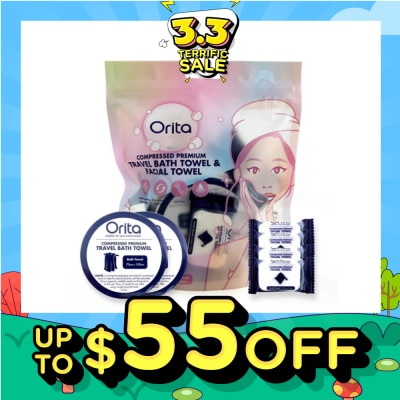 ORITA Compressed Premium Travel Bath Towel & Facial Towel (Facial Towel 24cm x 30cm 4s & Bath Towel 70cm x 100cm 2s) 1s