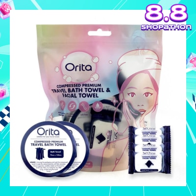 ORITA Compressed Premium Travel Bath Towel & Facial Towel (Facial Towel 24cm x 30cm 4s & Bath Towel 70cm x 100cm 2s) 1s