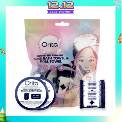 ORITA Compressed Premium Travel Bath Towel & Facial Towel (Facial Towel 24cm x 30cm 4s & Bath Towel 70cm x 100cm 2s) 1s
