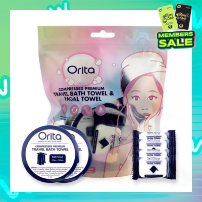 ORITA Compressed Premium Travel Bath Towel & Facial Towel (Facial Towel 24cm x 30cm 4s & Bath Towel 70cm x 100cm 2s) 1s