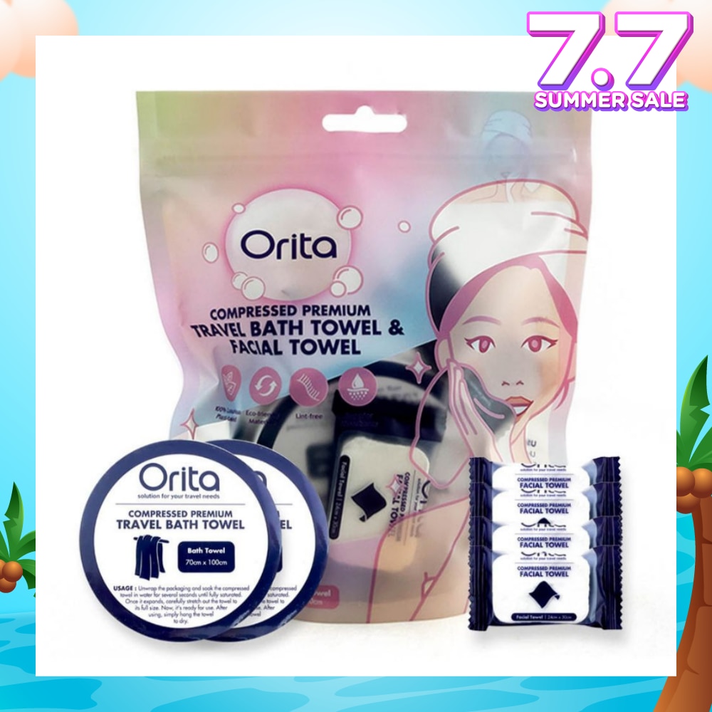 Compressed Premium Travel Bath Towel & Facial Towel (Facial Towel 24cm x 30cm 4s & Bath Towel 70cm x 100cm 2s) 1s