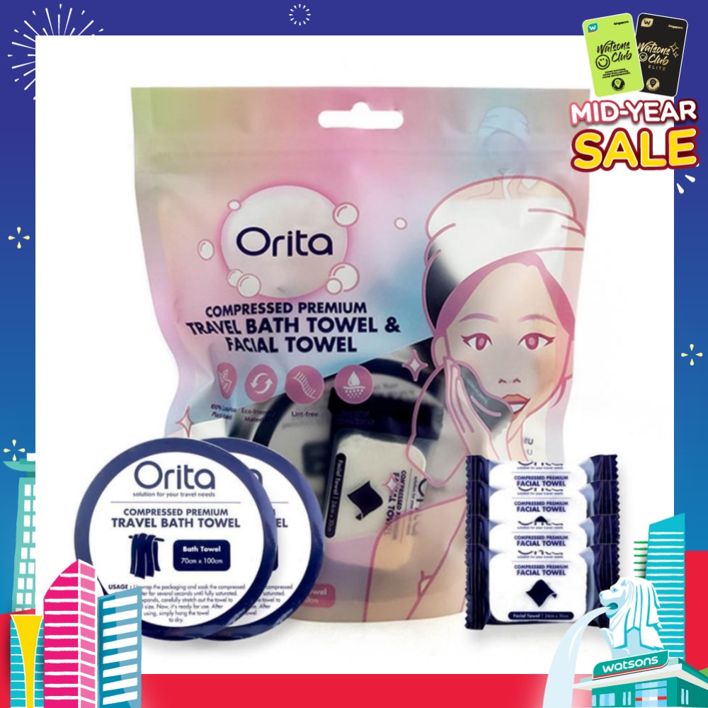 Compressed Premium Travel Bath Towel & Facial Towel (Facial Towel 24cm x 30cm 4s & Bath Towel 70cm x 100cm 2s) 1s
