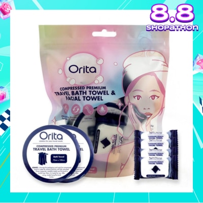 ORITA Compressed Premium Travel Bath Towel & Facial Towel (Facial Towel 24cm x 30cm 4s & Bath Towel 70cm x 100cm 2s) 1s