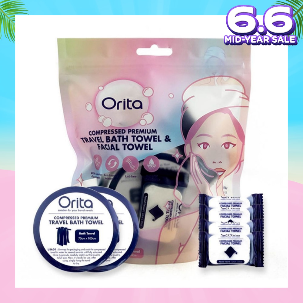 Compressed Premium Travel Bath Towel & Facial Towel (Facial Towel 24cm x 30cm 4s & Bath Towel 70cm x 100cm 2s) 1s