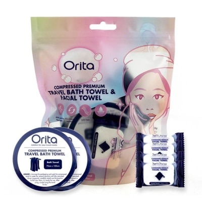 ORITA Compressed Premium Travel Bath Towel & Facial Towel (Facial Towel 24cm x 30cm 4s & Bath Towel 70cm x 100cm 2s) 1s