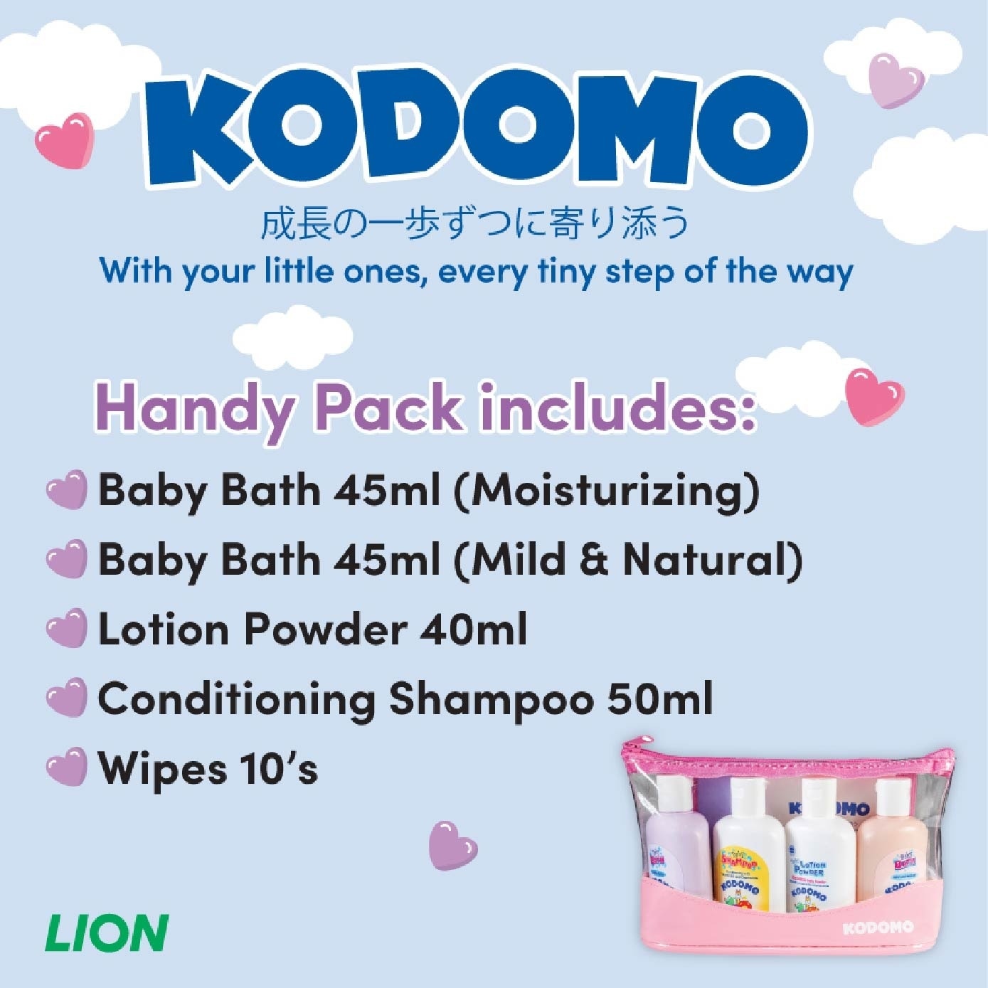 Baby Care Handy Packset consists Baby Bath Moisturizing 45ml + Baby Bath Mild & Natural 45ml + Shampoo 50ml + Powder 40ml + Wipes 10s