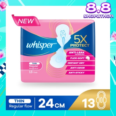 WHISPER 5x Protect Thin Regular Sanitary Pad Wings 24cm 13s
