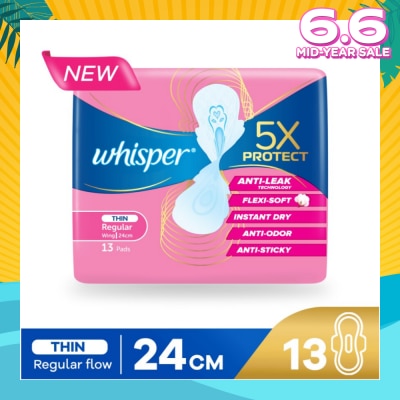 WHISPER 5x Protect Thin Regular Sanitary Pad Wings 24cm 13s
