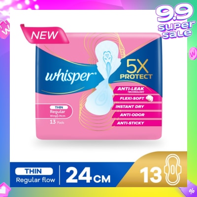 WHISPER 5x Protect Thin Regular Sanitary Pad Wings 24cm 13s