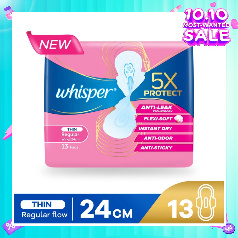 5x Protect Thin Regular Sanitary Pad Wings 24cm 13s