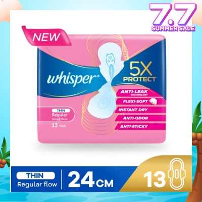 WHISPER 5x Protect Thin Regular Sanitary Pad Wings 24cm 13s