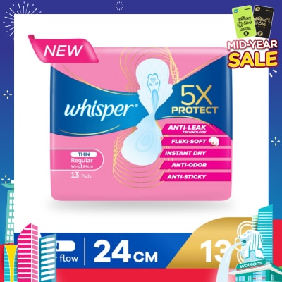 WHISPER 5x Protect Thin Regular Sanitary Pad Wings 24cm 13s
