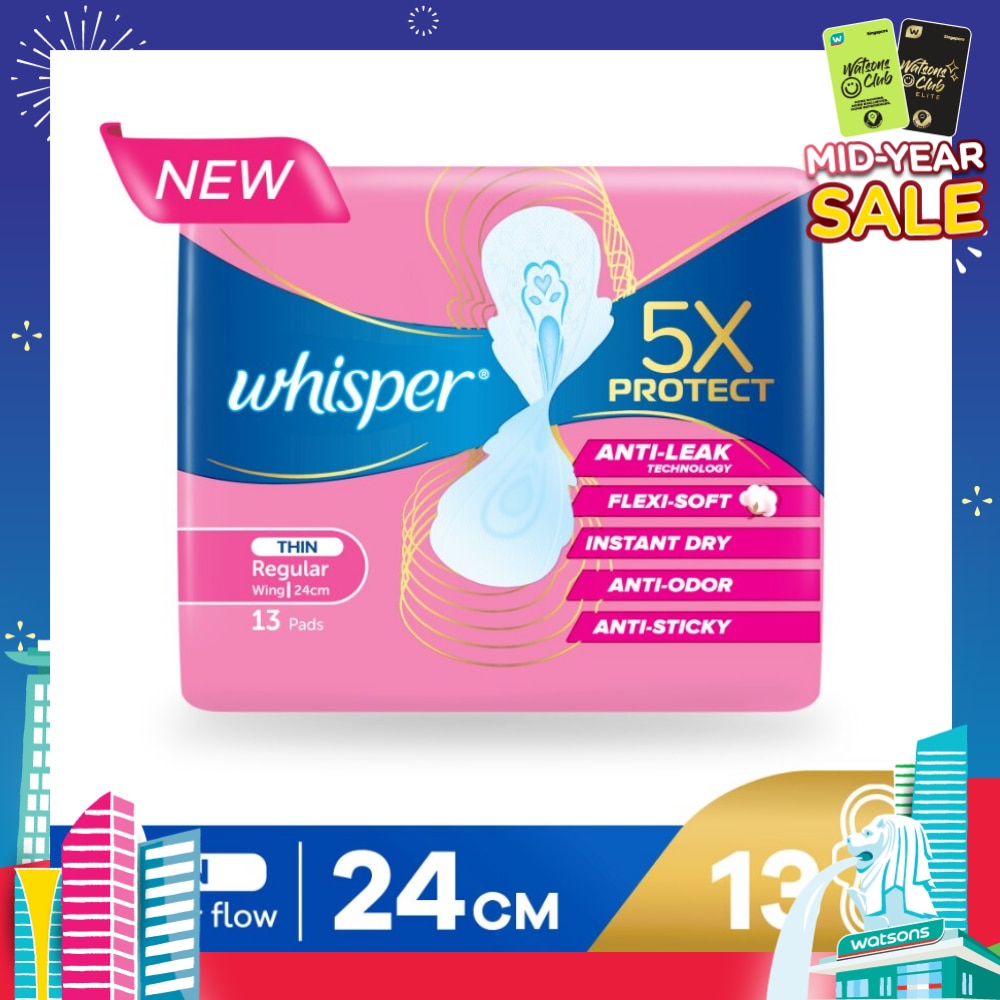 5x Protect Thin Regular Sanitary Pad Wings 24cm 13s