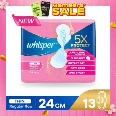 WHISPER 5x Protect Thin Regular Sanitary Pad Wings 24cm 13s
