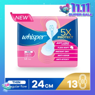 WHISPER 5x Protect Thin Regular Sanitary Pad Wings 24cm 13s