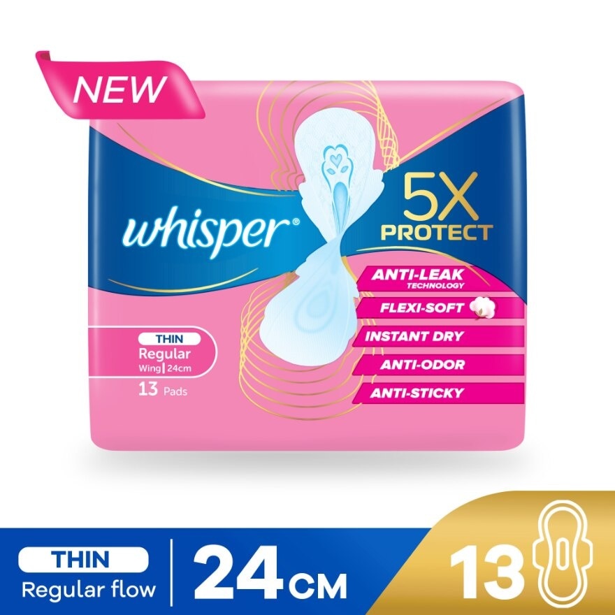 5x Protect Thin Regular Sanitary Pad Wings 24cm 13s