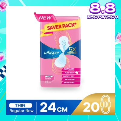 WHISPER 5x Protect Thin Regular Sanitary Pad Wings 24cm 20s
